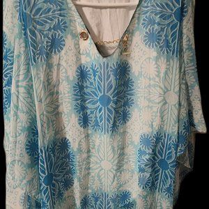 JM Collection Blouse - Blue & White Flowers Gold Stripes Size XL